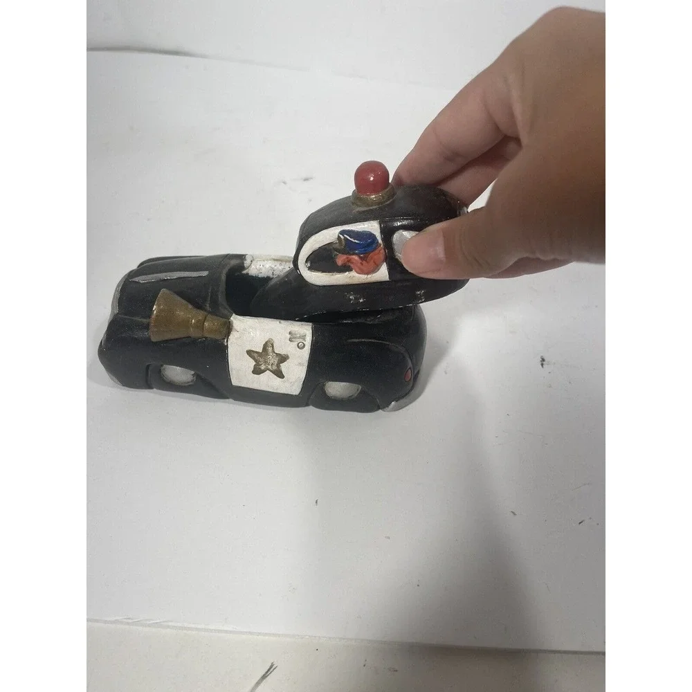 Vintage City Police Car Ceramic Ashtray Figurine Black Car Paperweight Top Opens